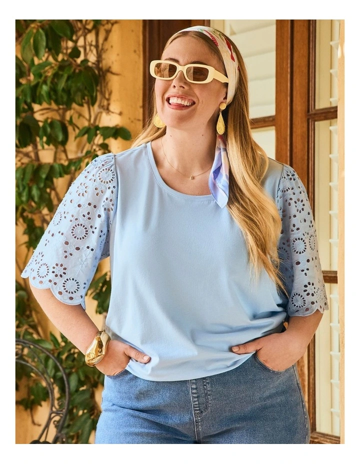 Cotton Broderie Sleeve T-shirt Sky Blue image 4