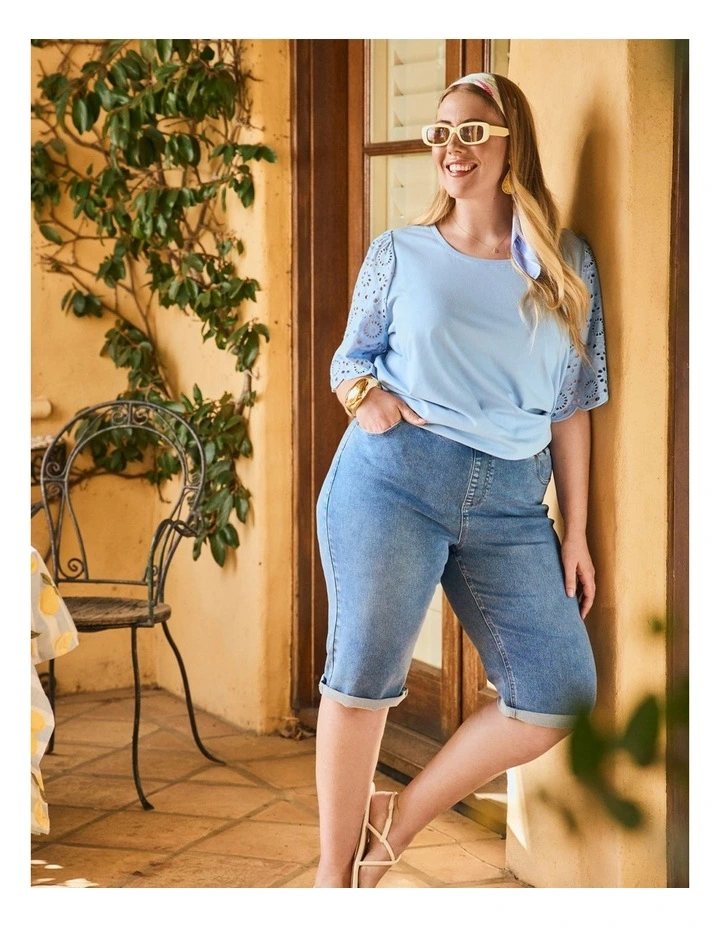 Cotton Broderie Sleeve T-shirt Sky Blue image 5