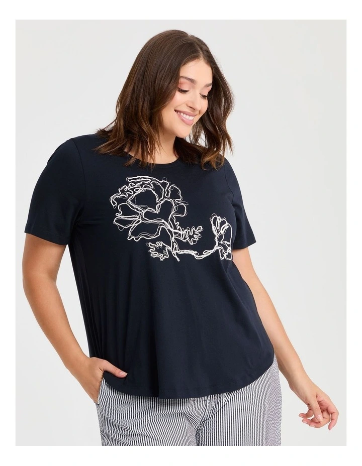 Cotton Cornelli Detail T-shirt in Navy image 1