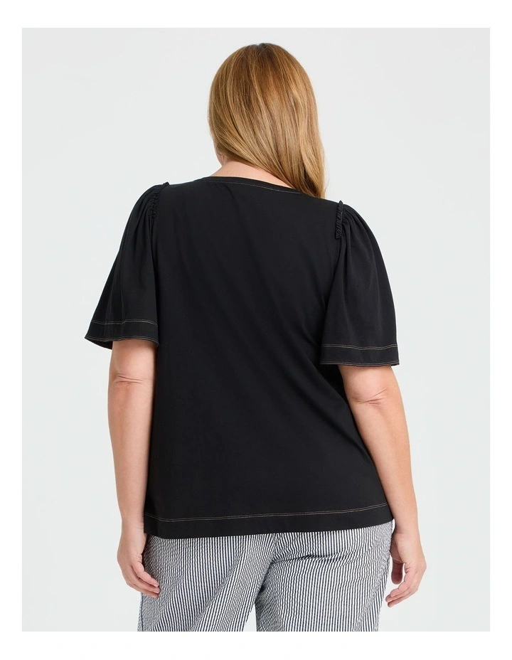 Cotton Contrast Stitch Top in Black image 2