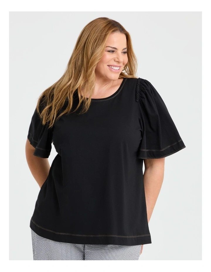 Cotton Contrast Stitch Top in Black image 3