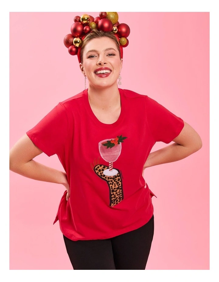 Cotton Bouffants Xmas Wine T-shirt in Jet Set Red image 5
