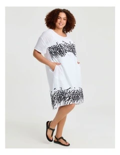 Graphic Linen Bamboo Tulip Dress White Black Print