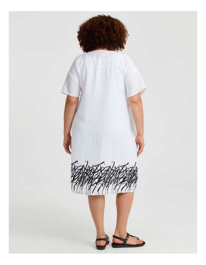 Graphic Linen Bamboo Tulip Dress White Black Print image 2