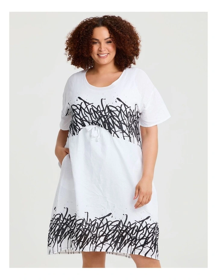 Graphic Linen Bamboo Tulip Dress White Black Print image 3