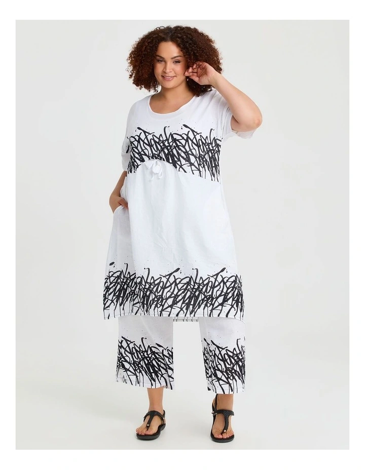 Graphic Linen Bamboo Tulip Dress White Black Print image 4