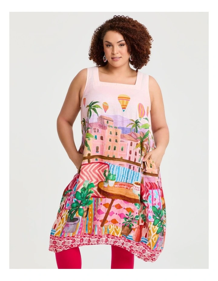 Linen Blend Holiday Midi Dress in Multi image 3