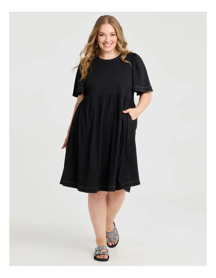 Cotton Contrast Stitch Dress Black image 1
