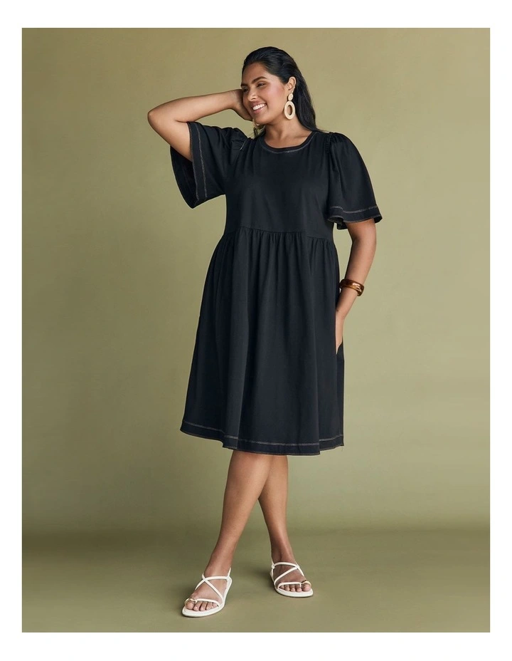 Cotton Contrast Stitch Dress Black image 5