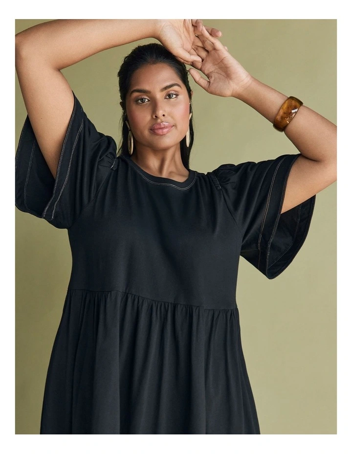 Cotton Contrast Stitch Dress Black image 7
