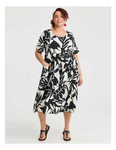 Natural Pocket Midi Dress in Black/vanilla Palm