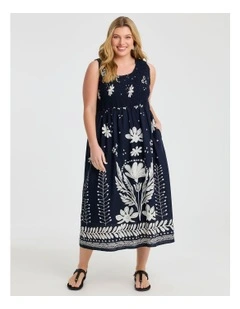 Cotton Shirred Floral Dress in Navy/White
