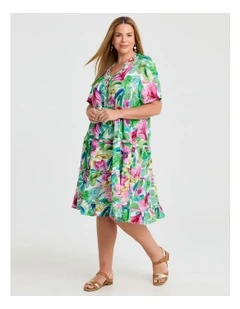 Natural Resort Palm Frill Dress in Multi