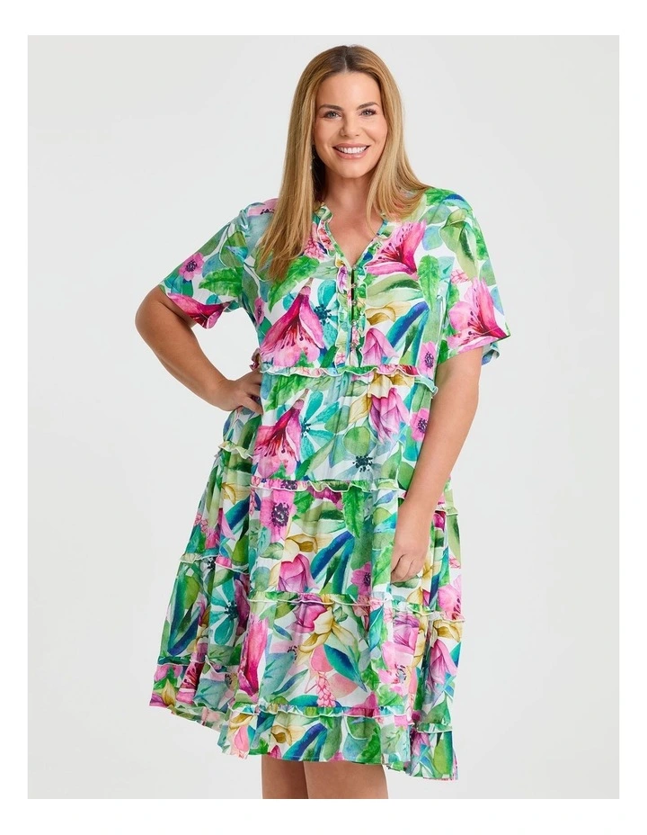 Natural Resort Palm Frill Dress in Multi image 3