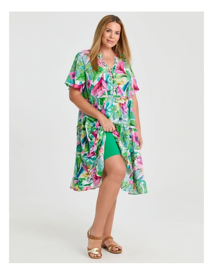 Natural Resort Palm Frill Dress in Multi image 4