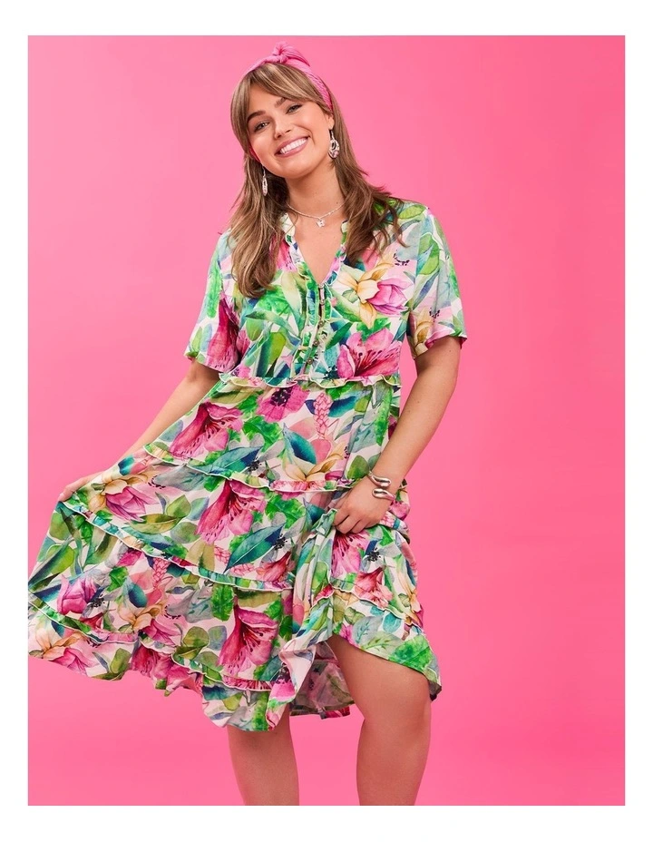 Natural Resort Palm Frill Dress in Multi image 6