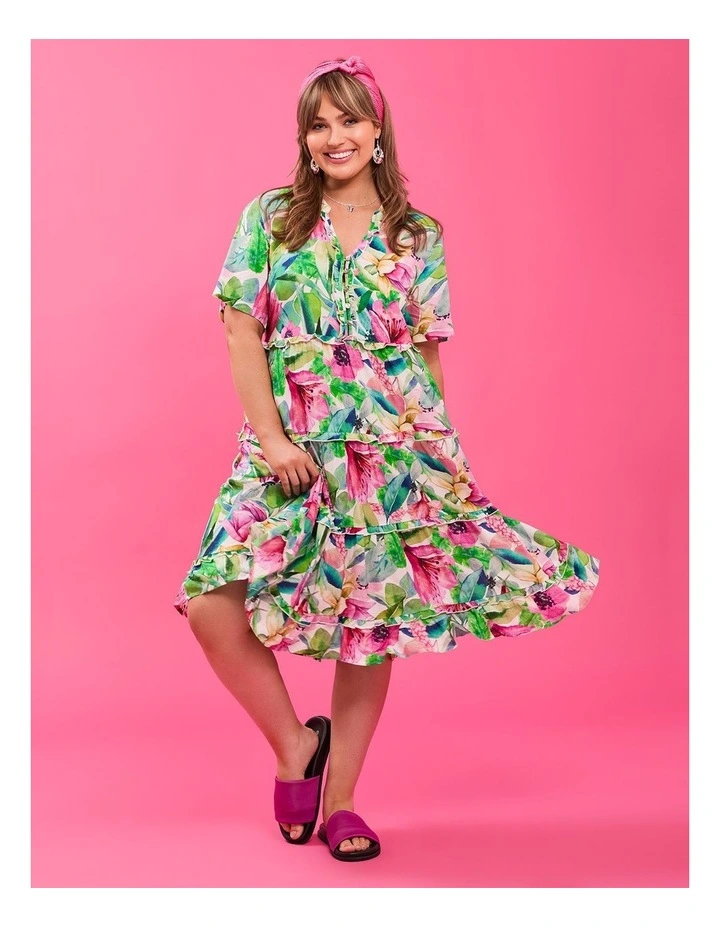 Natural Resort Palm Frill Dress in Multi image 7