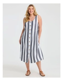 Lyocell Linen Blend Stripe Dress Navy/white