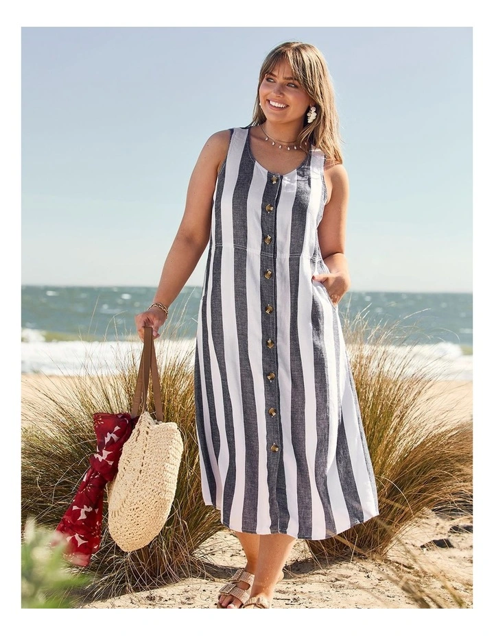 Lyocell Linen Blend Stripe Dress Navy/white image 5