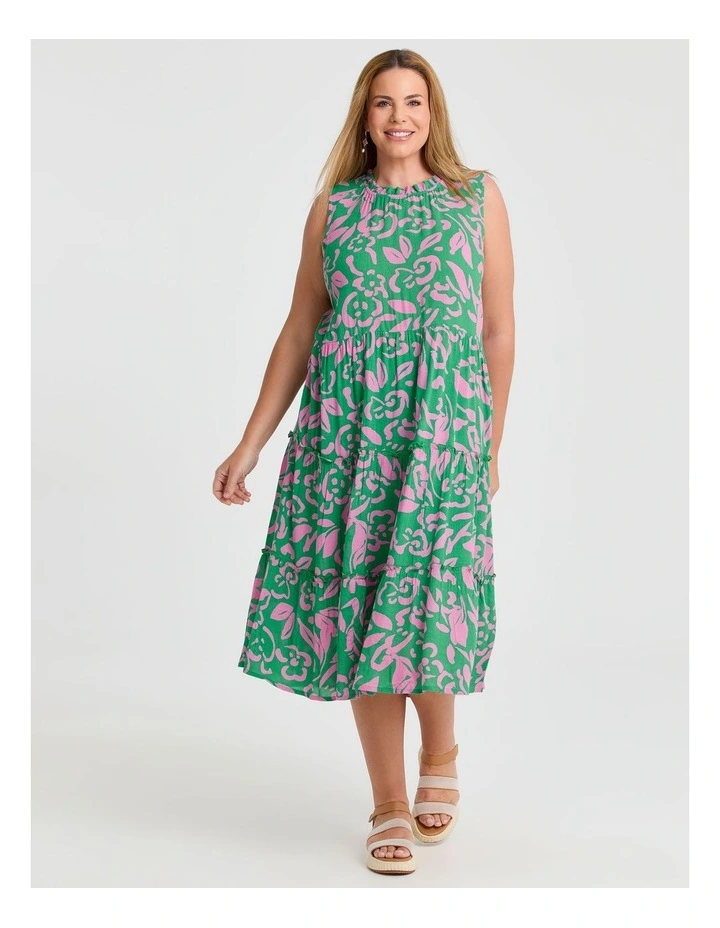 Natural Sleeveless Tiered Dress in Kelly Green/Mid Pink image 1