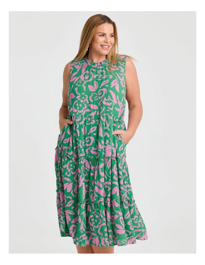 Natural Sleeveless Tiered Dress in Kelly Green/Mid Pink image 3