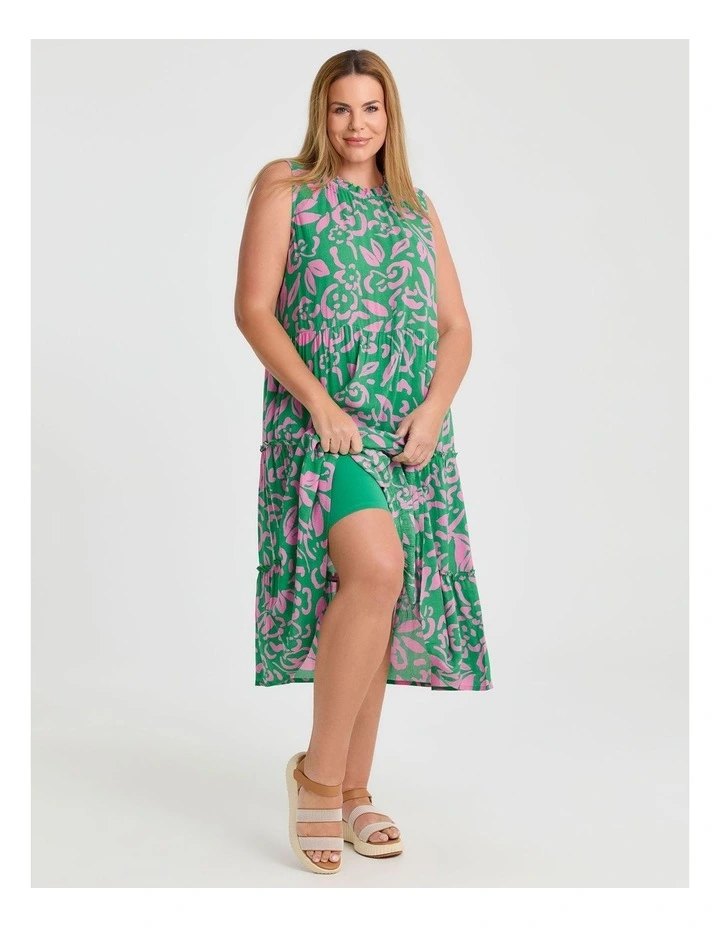 Natural Sleeveless Tiered Dress in Kelly Green/Mid Pink image 4