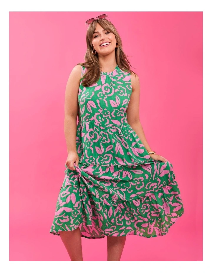 Natural Sleeveless Tiered Dress in Kelly Green/Mid Pink image 5