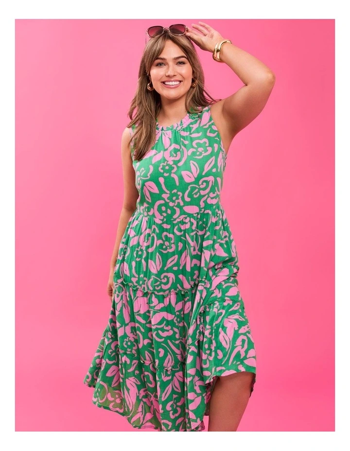 Natural Sleeveless Tiered Dress in Kelly Green/Mid Pink image 6
