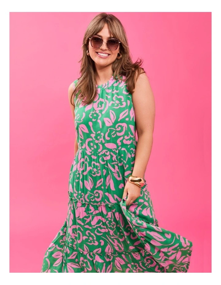 Natural Sleeveless Tiered Dress in Kelly Green/Mid Pink image 7