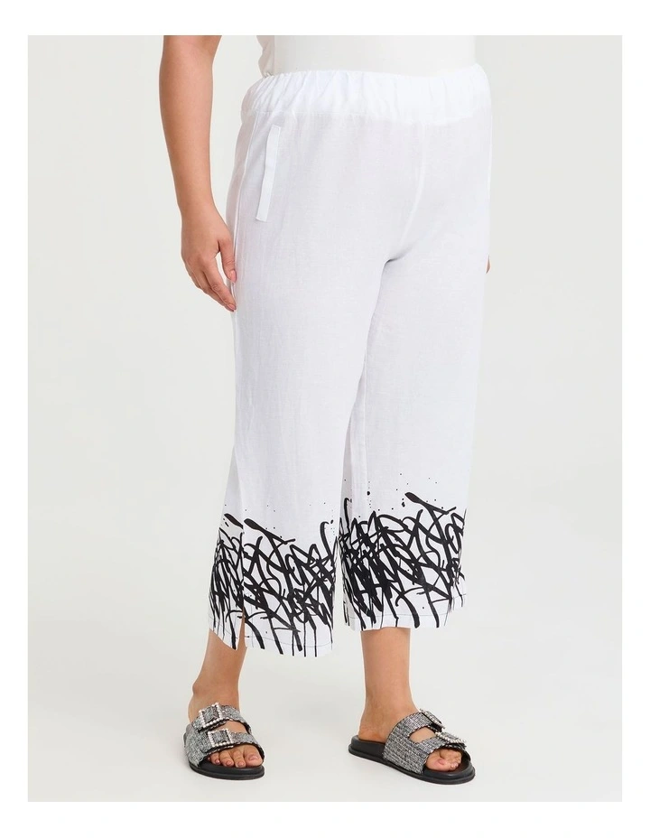 Graphic Linen Bamboo Crop Pant White Black Print image 1