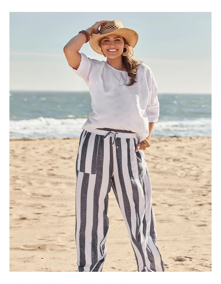 Lyocell Linen Stripe Wide Leg Pant in Navy/White image 4