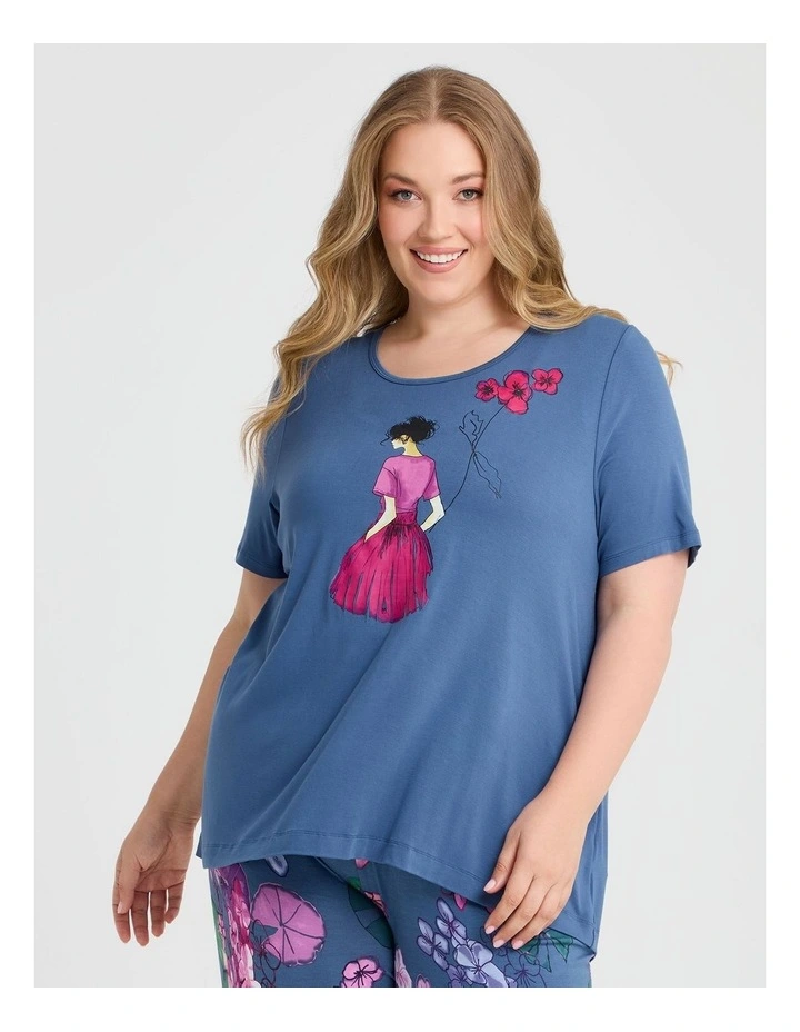 Bamboo Summer Bloom Pyjama Top in Harbour Blue image 1