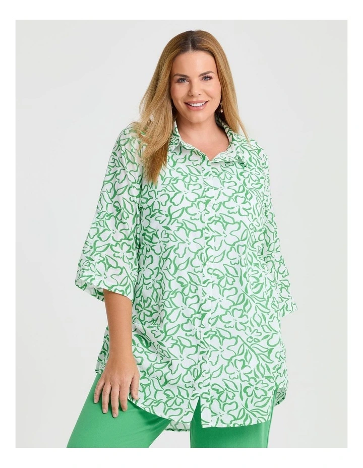 Cotton Linear Floral Shirt in White/Kelly Green image 1