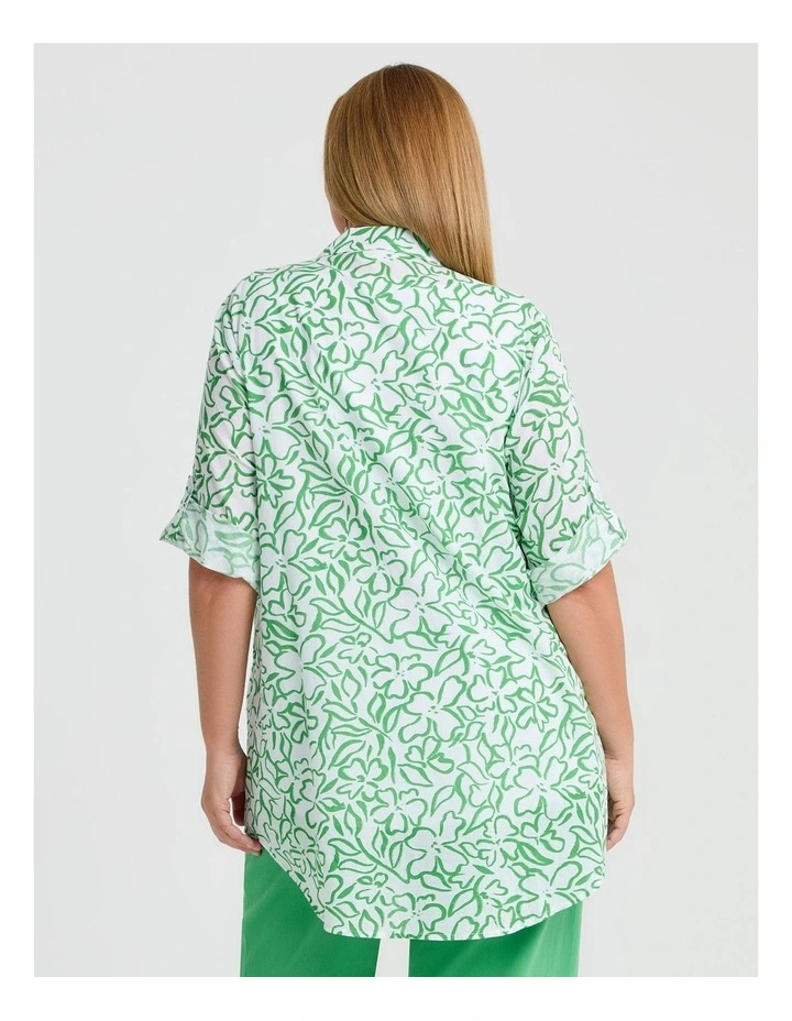 Cotton Linear Floral Shirt in White/Kelly Green image 2