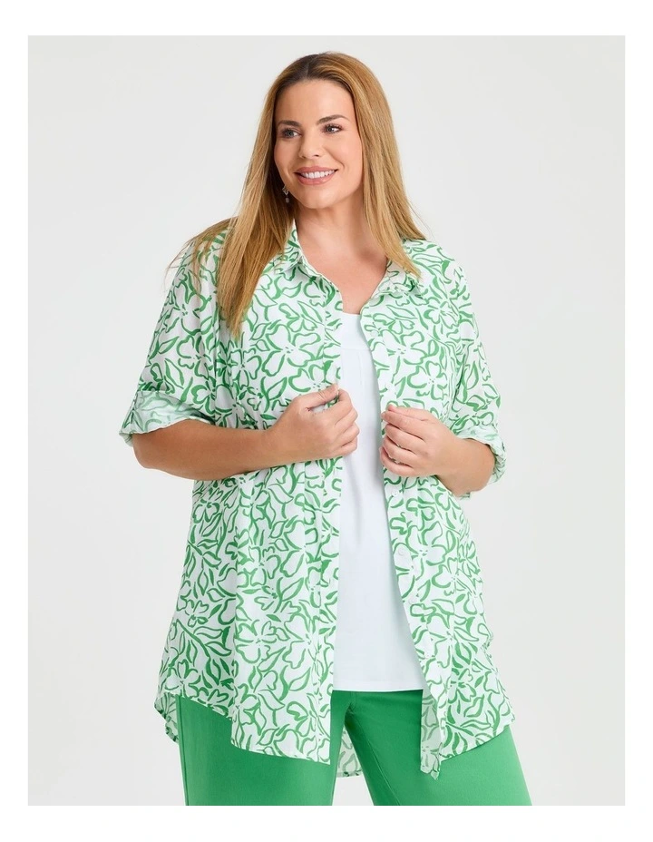 Cotton Linear Floral Shirt in White/Kelly Green image 3