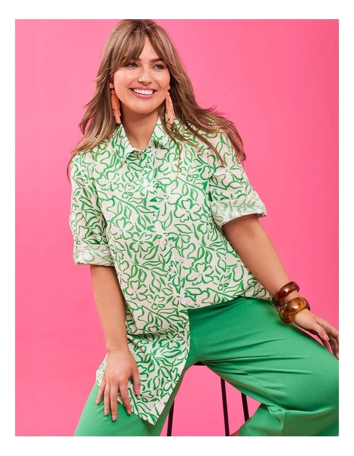 Cotton Linear Floral Shirt in White/Kelly Green image 5
