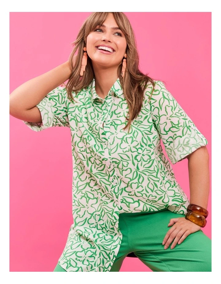 Cotton Linear Floral Shirt in White/Kelly Green image 6
