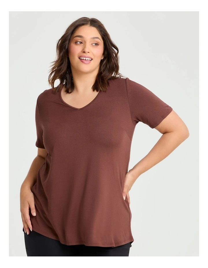 Bamboo Base V Neck Short Sleeve Top in Brown image 1