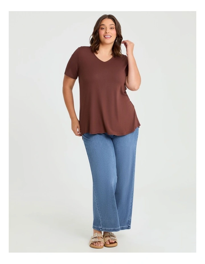 Bamboo Base V Neck Short Sleeve Top in Brown image 4