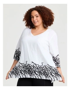 Graphic Linen Bamboo Top White Black Print