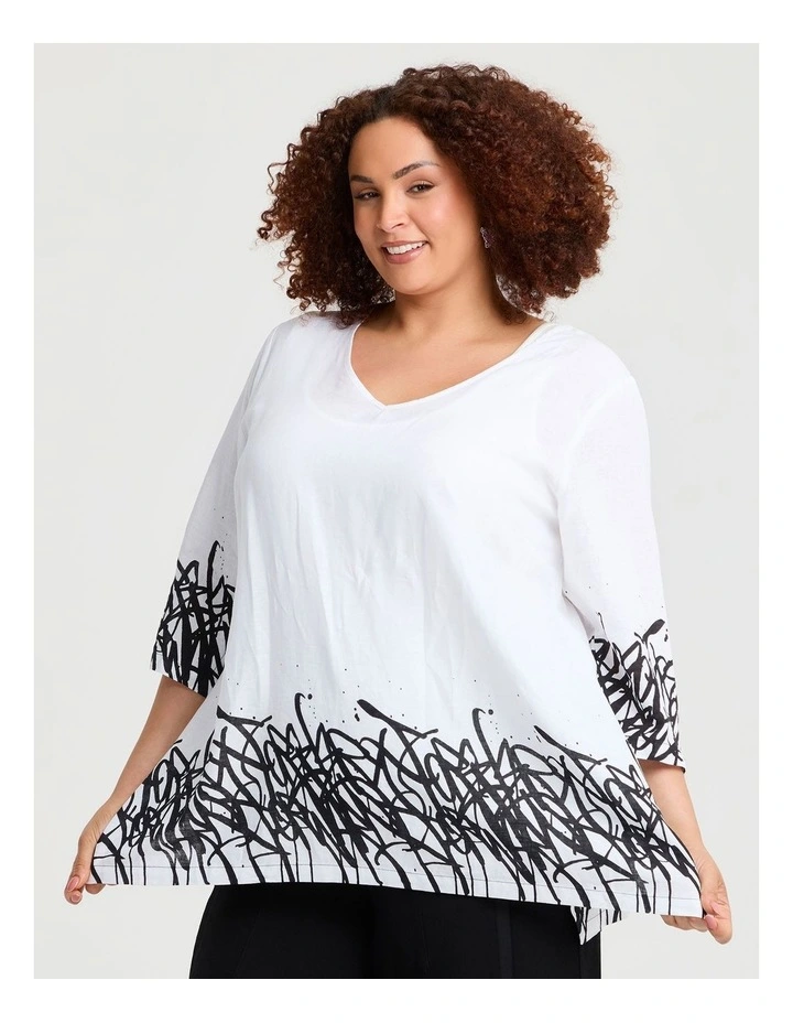 Graphic Linen Bamboo Top White Black Print image 1