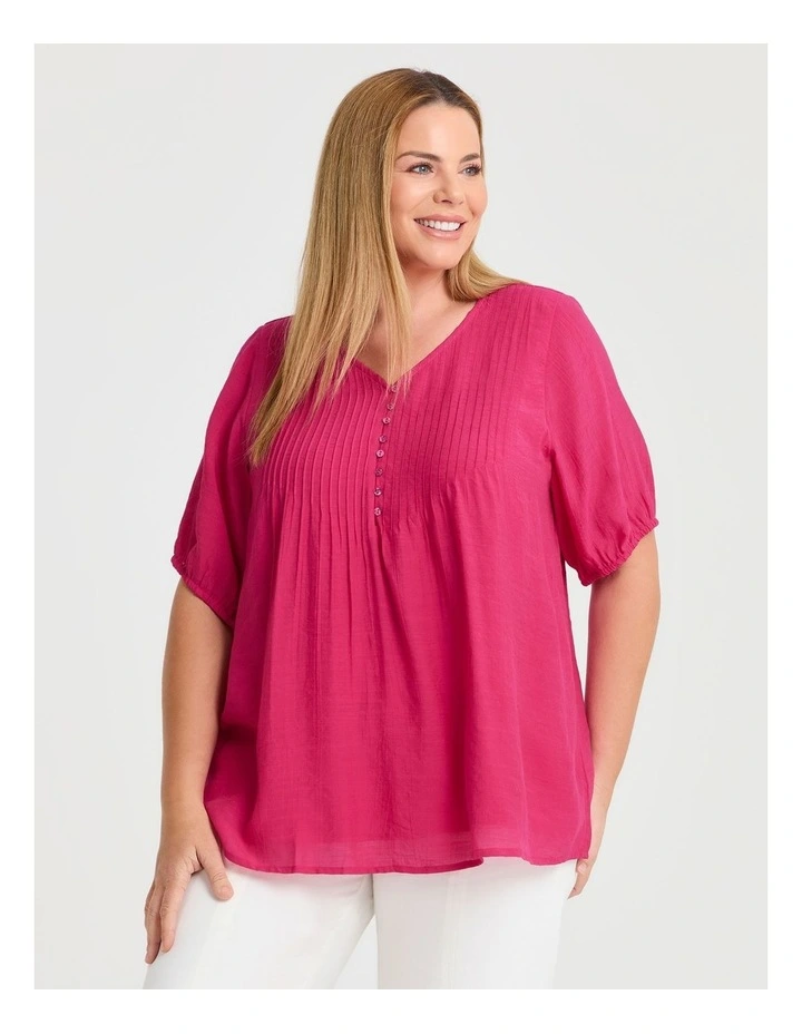Natural V-neck Pintuck Top Raspberry Pink image 1