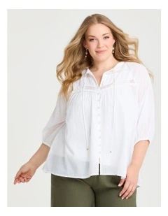 Cotton Lace Trim Pintuck Top White