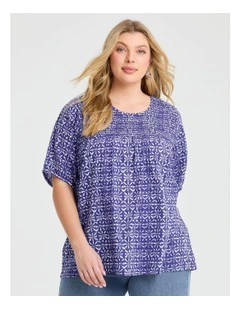 Cotton Shibori Shirred Yoke Top Royal Purple/white