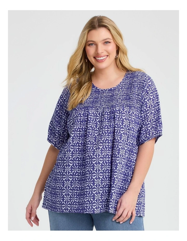 Cotton Shibori Shirred Yoke Top Royal Purple/white image 3