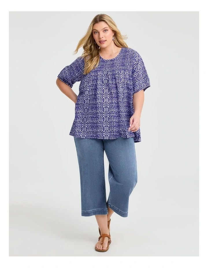 Cotton Shibori Shirred Yoke Top Royal Purple/white image 4