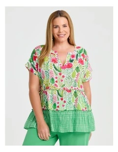 Cotton Print Gingham Tiered Top in Multi