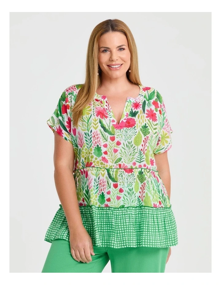 Cotton Print Gingham Tiered Top in Multi image 1