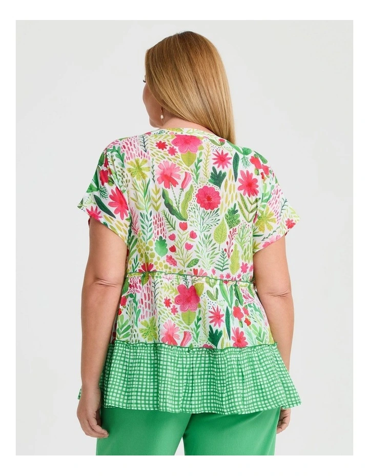 Cotton Print Gingham Tiered Top in Multi image 2