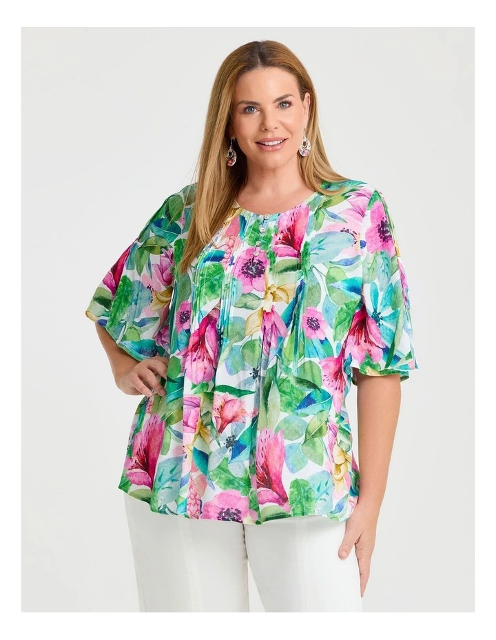 Natural Resort Palm Pintuck Top in Multi image 1